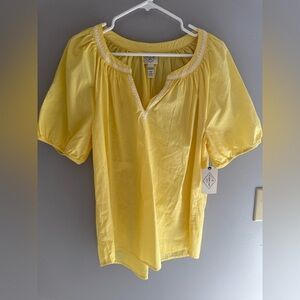 St Johns Bay Womens Yellow Embroidered Shirt SZ LG Short Sleeve New 100% Cotton